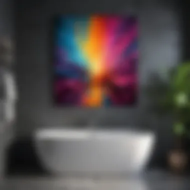 Colorful abstract art piece in a modern bathroom.