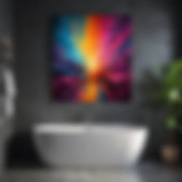 Colorful abstract art piece in a modern bathroom.