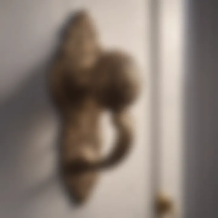 Close-up of a decorative bathroom door hook with intricate design