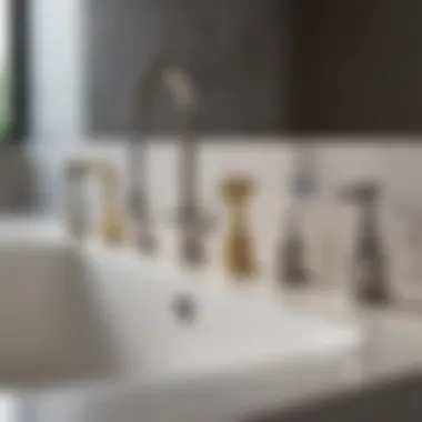 Different types of bathroom sink faucet hose adapters displayed on a countertop.