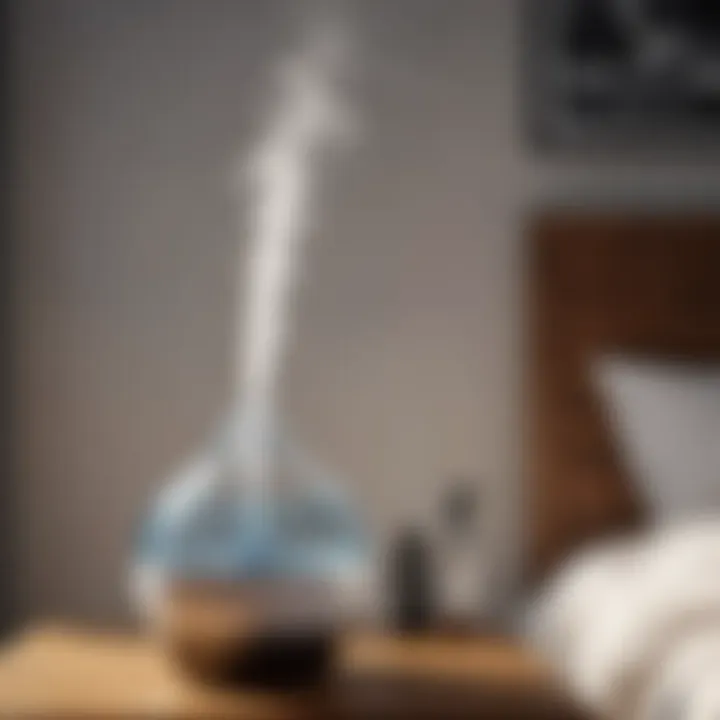 A modern bedroom humidifier releasing a gentle mist