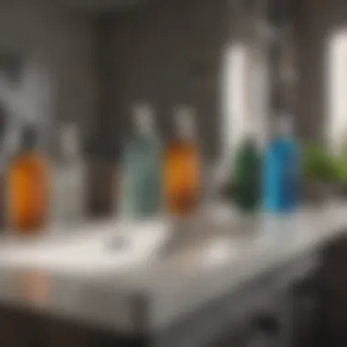 Eco-Friendly Bathroom Cleaners A collection of eco-friendly bathroom cleaners arrayed on a vanity