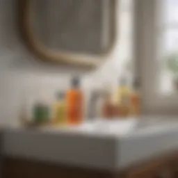 Eco-friendly cleaning products displayed on a bathroom counter