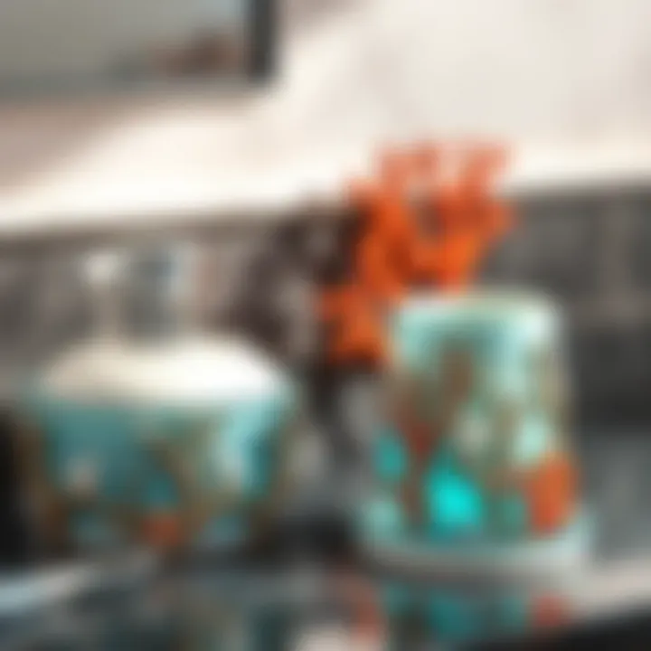 A set of coral reef bathroom accessories including soap dispenser and toothbrush holder