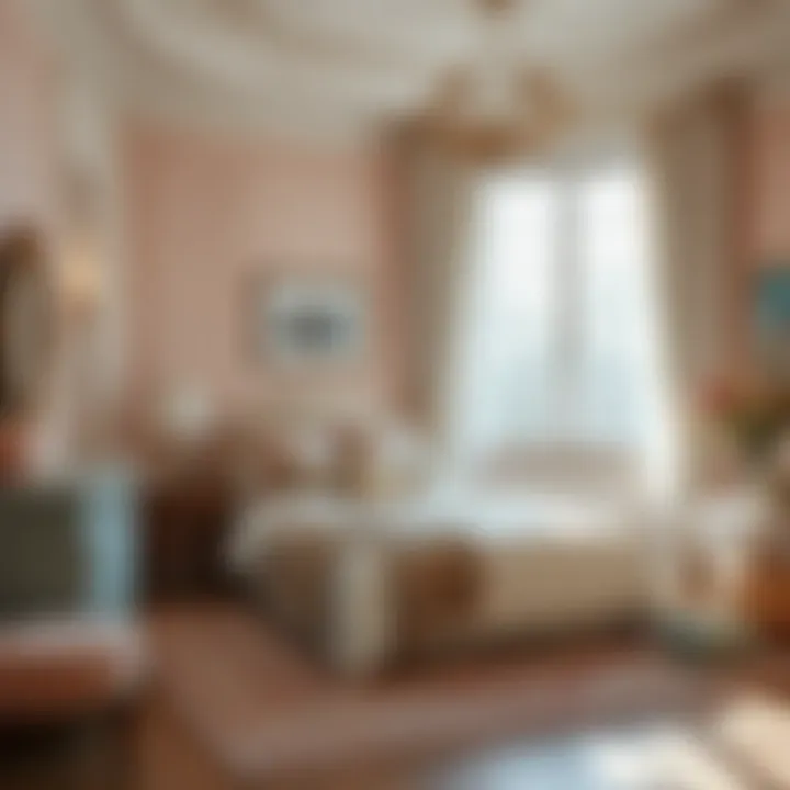 A serene bedroom with soft pastel colors and layered textiles ensuring a tranquil atmosphere