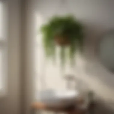 Close-up of a beautifully arranged faux hanging plant display in a bathroom