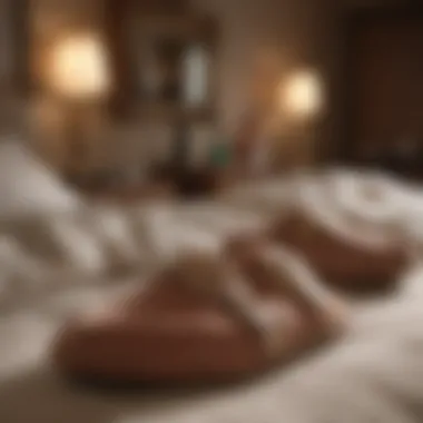 Cozy bedroom scene featuring cushioned slippers and soft lighting