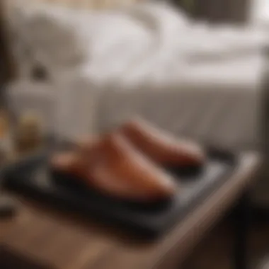 Stylish leather slippers arranged on a modern bedside table