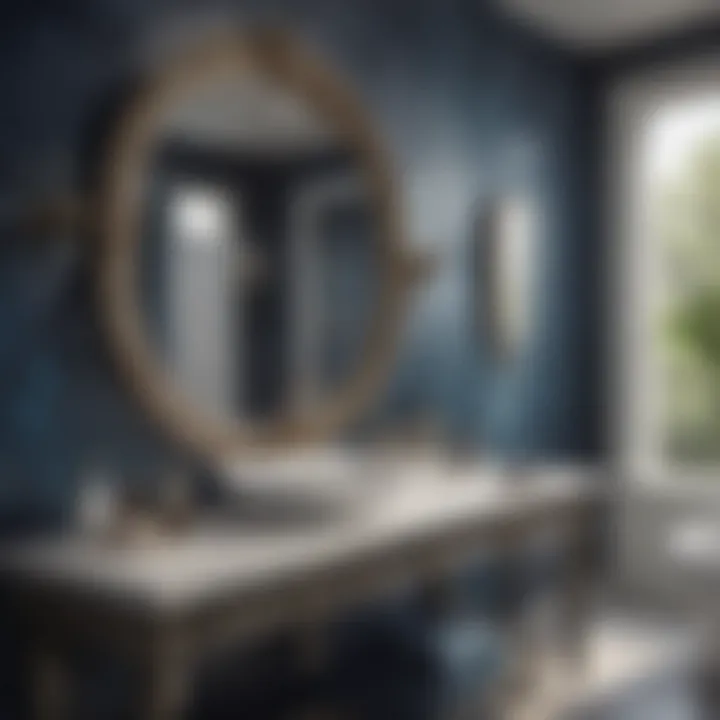 A serene bathroom with a cosmic color palette of deep blues and silvers