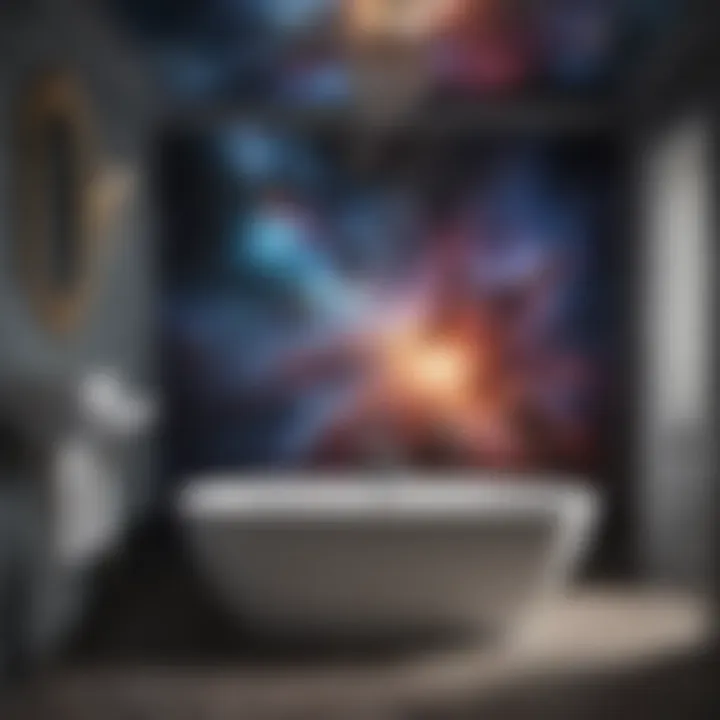 Artistic representation of a bathroom mural depicting nebulae and stars