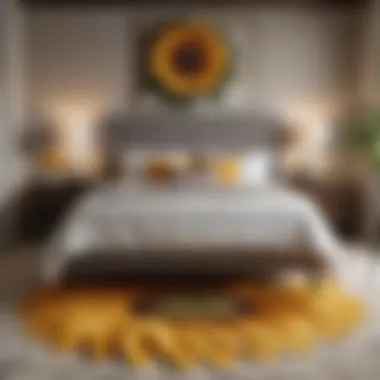 A beautifully decorated bedroom featuring a sunflower rug that enhances the overall decor.