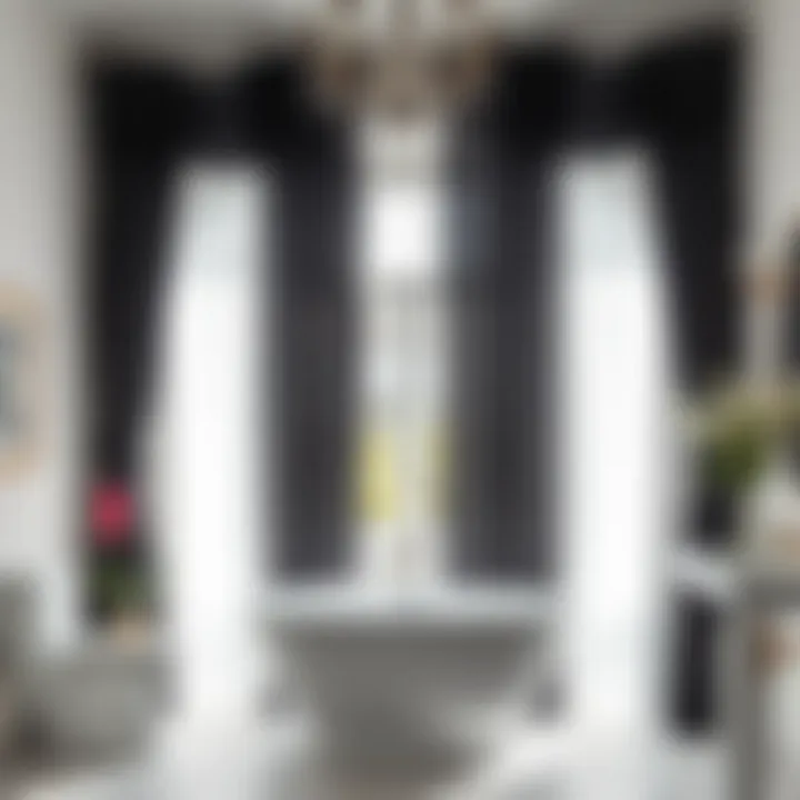 Minimalist black and white sheer curtains adding elegance to a bright bathroom