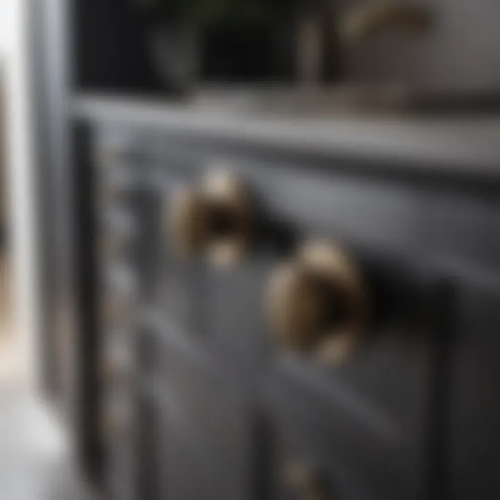 Close-up of black and brass cabinet hardware on a sleek vanity