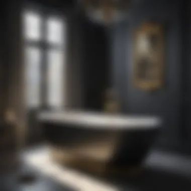 A luxurious bathtub with black and brass accessories