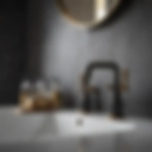 A modern bathroom showcasing black and brass faucet and fixtures