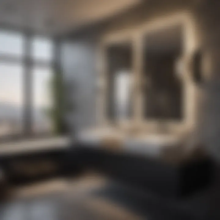 A well-lit bathroom featuring black and chrome fixtures