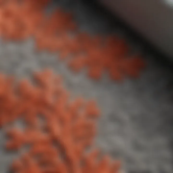 Close-up of the texture of coral and gray bath rugs, highlighting quality and design