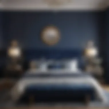 Elegant bedroom featuring deep navy walls