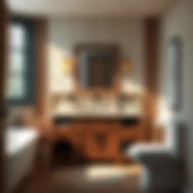 Rustic wooden vanity in a cozy bathroom setting