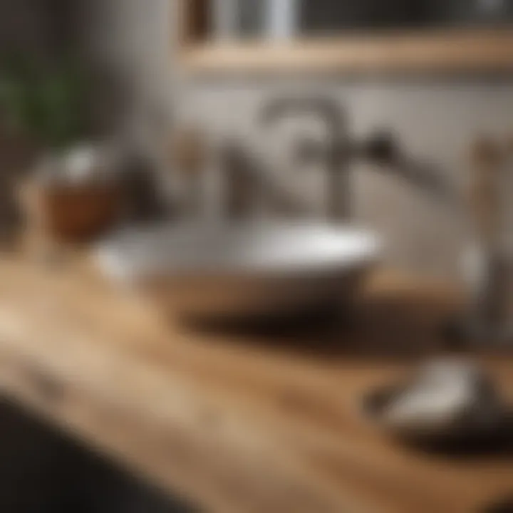 Rustic wooden bathroom countertop featuring natural grains