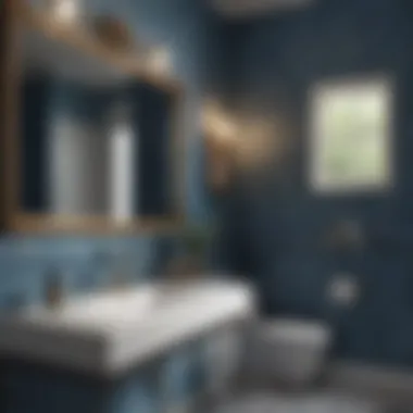 Tranquil Blue Wallpaper in a Relaxing Bathroom A serene bathroom featuring calming blue wallpaper that induces tranquility