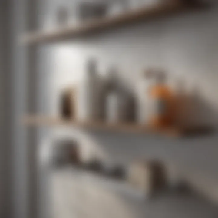 Close-up of materials used in freestanding bathroom shelves