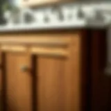 A close-up of a rich oak bathroom cabinet showcasing its grain and finish