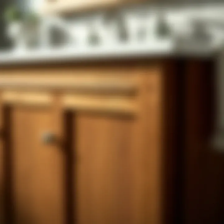 A close-up of a rich oak bathroom cabinet showcasing its grain and finish