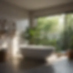 A serene bathroom retreat featuring a freestanding bathtub surrounded by natural elements.