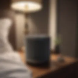 A compact air filter positioned on a bedside table