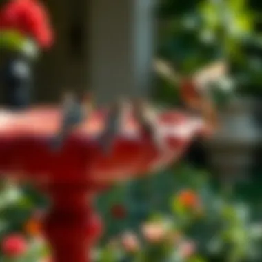 Red Bird Bath Bowl Attracting a Variety of Birds Red bird bath bowl attracting a variety of birds
