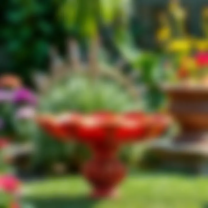 Elegant Red Bird Bath Bowl in a Garden Setting Elegant red bird bath bowl in a garden setting