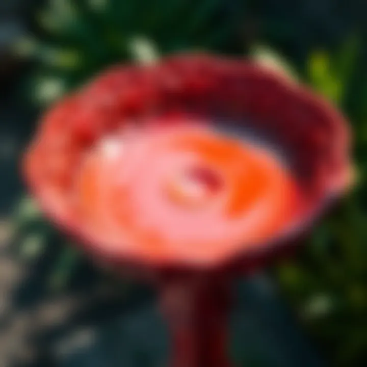 Close-Up of the Intricate Design of a Red Bird Bath Bowl Close-up of the intricate design of a red bird bath bowl