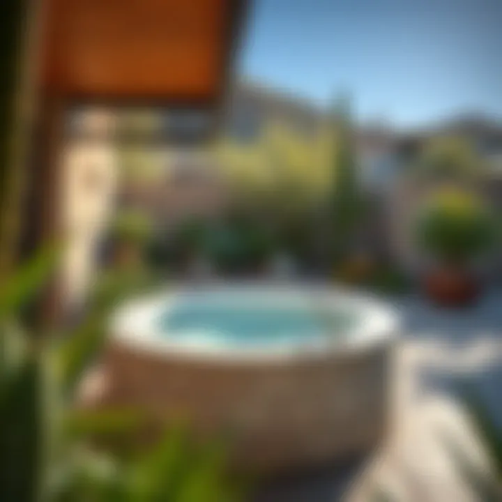 A tranquil outdoor soaking tub surrounded by lush desert landscaping.