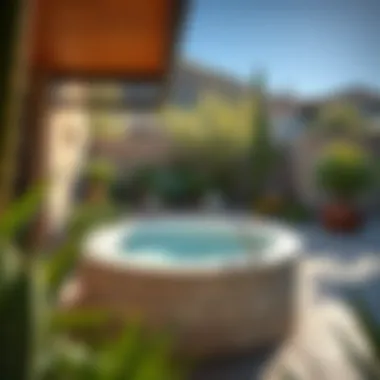 Tranquil Outdoor Soaking Tub A tranquil outdoor soaking tub surrounded by lush desert landscaping.