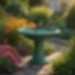Elegant green ceramic bird bath amidst vibrant garden flowers