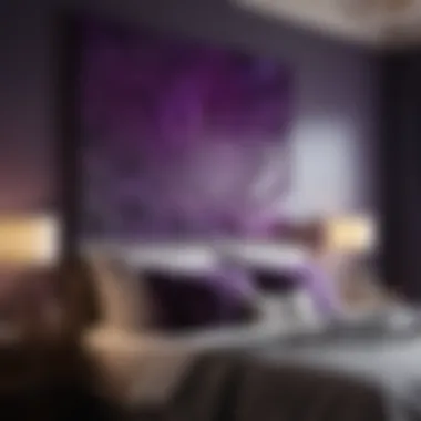 Luxurious purple abstract art piece enhancing bedroom ambiance