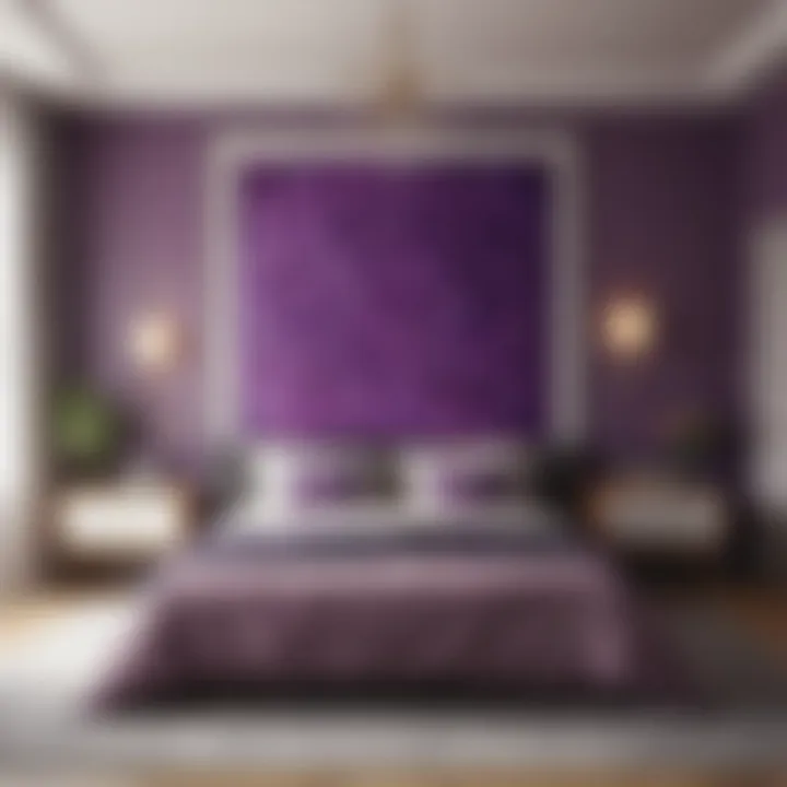 Modern bedroom showcasing vibrant purple geometric artwork