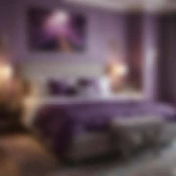 Serene bedroom decorated with purple landscape artwork