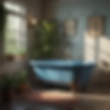 A serene bathroom scene with a vintage blue bathtub, plants, and soft lighting.