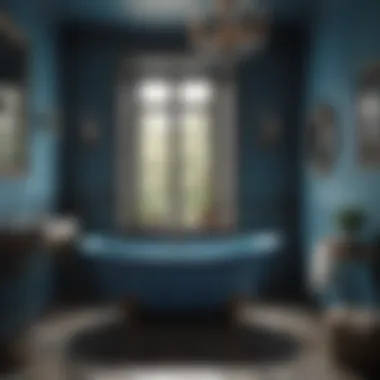 A stylish bathroom featuring a vintage blue bathtub surrounded by modern decor.