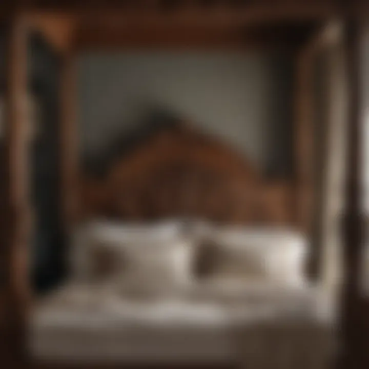 Close-up of intricate carvings on a wooden four poster bed