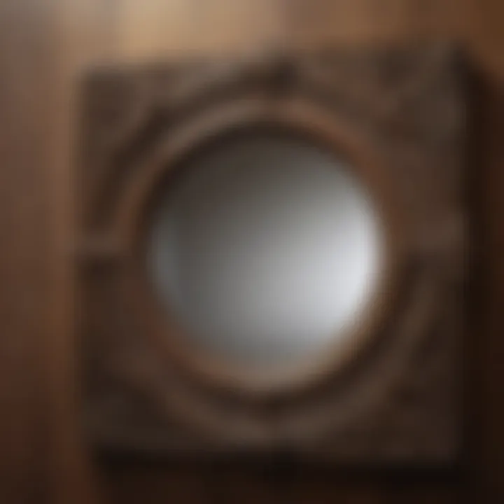 A close-up of intricate detailing on a wood and metal bathroom mirror