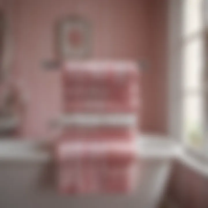 Artful arrangement of pink and white striped bath towels on a rack