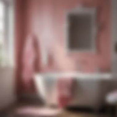 A stylish bathroom featuring pink and white striped towels