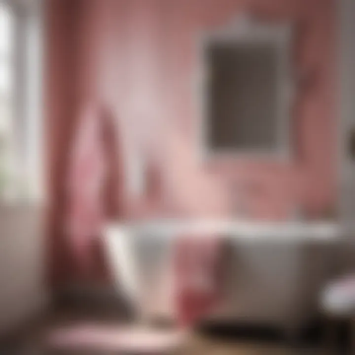 A stylish bathroom featuring pink and white striped towels