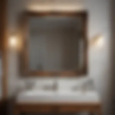 Sophisticated Wood-Framed Bathroom Mirror A sophisticated wood-framed bathroom mirror reflecting natural light