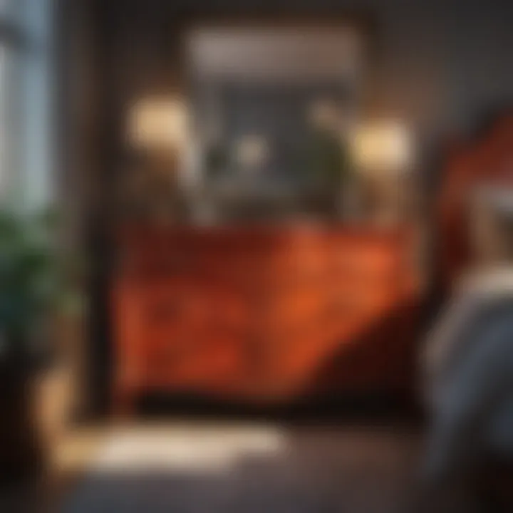 A vibrant, styled bedroom featuring a customized unfinished dresser