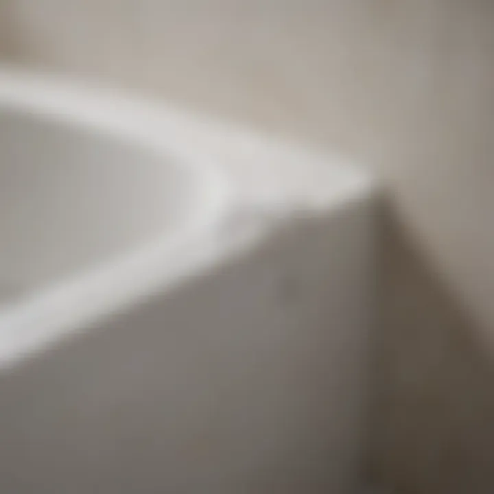 Close-up of white bathroom caulk bead along a bathtub edge