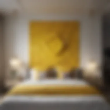 Stylish bedroom adorned with a bold yellow geometric art piece